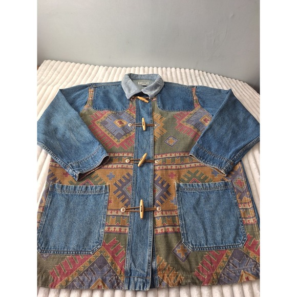 Vtg Denim Corduroy Collar Chore Barn Field Jacket Womens 26/28 Blue Aztec Tribal - Picture 2 of 14